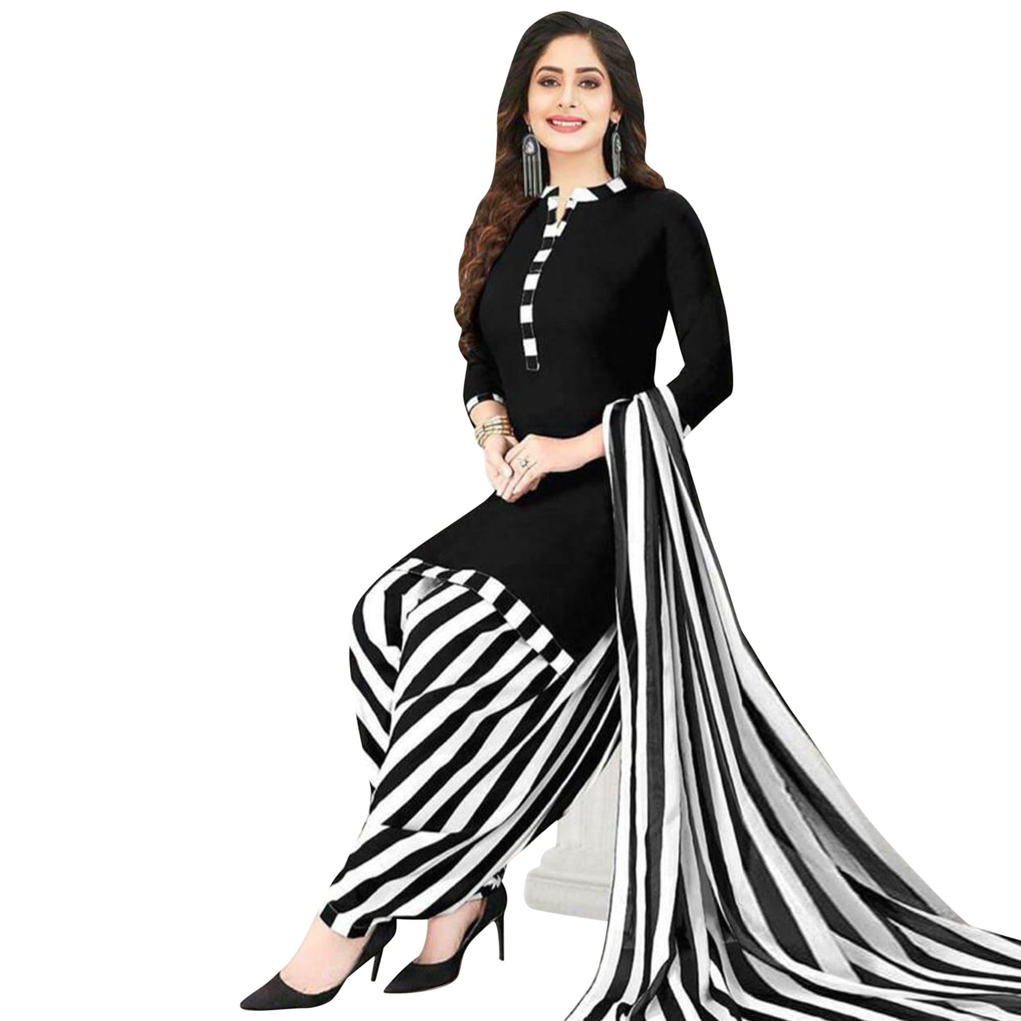 Beige & Black Casual Wear Printed Crepe Patiala Dress Material - Pack Of 2 - Peachmode