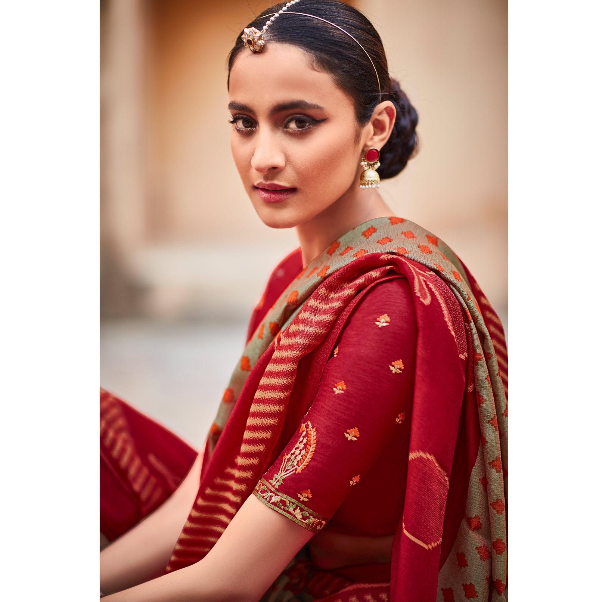 Beige & Crimson Festive Wear Printed Silk Saree - Peachmode