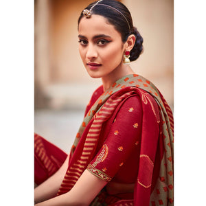 Beige & Crimson Festive Wear Printed Silk Saree - Peachmode