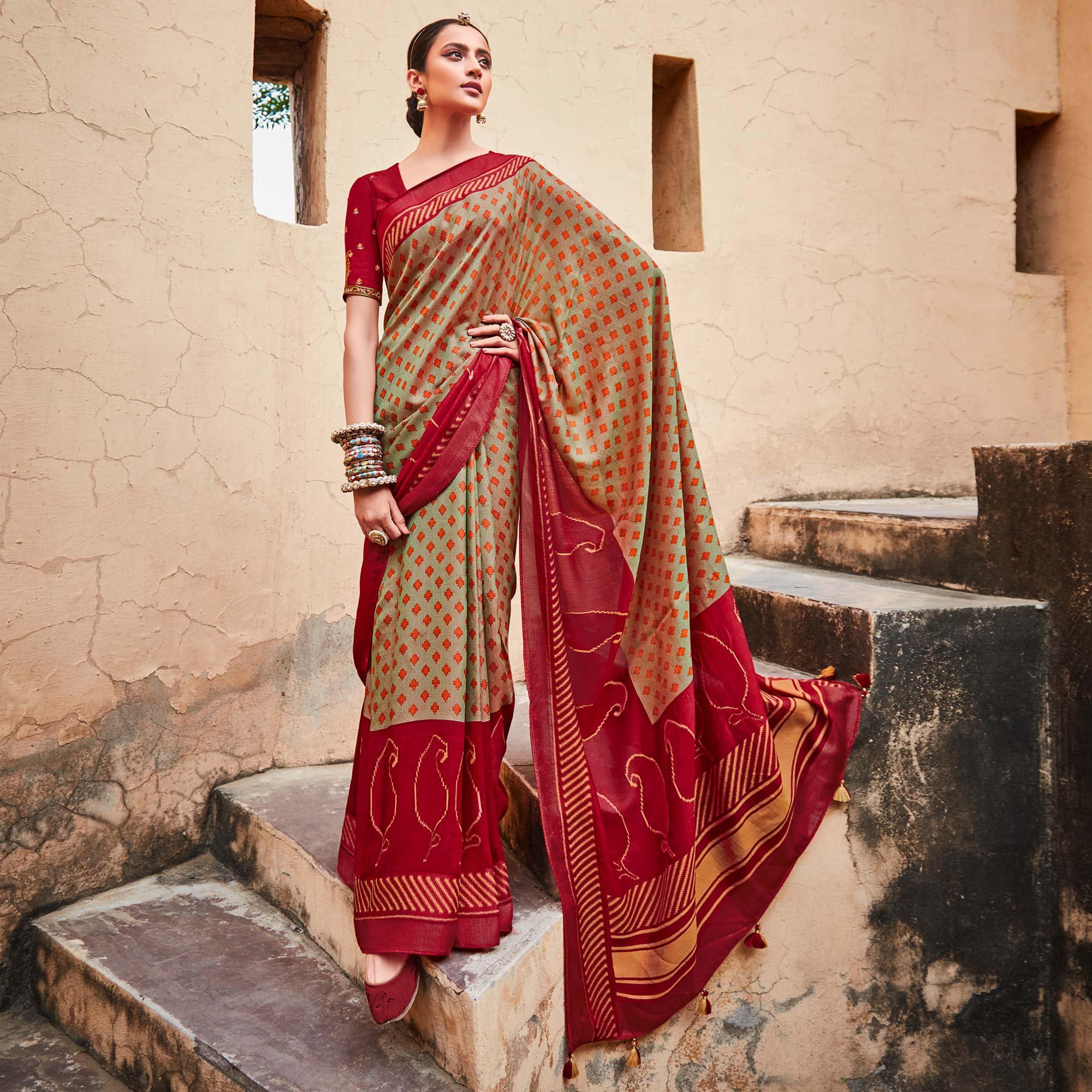 Beige & Crimson Festive Wear Printed Silk Saree - Peachmode