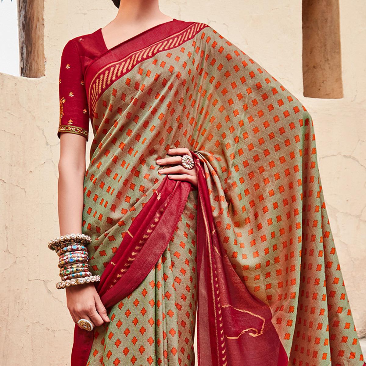 Beige & Crimson Festive Wear Printed Silk Saree - Peachmode