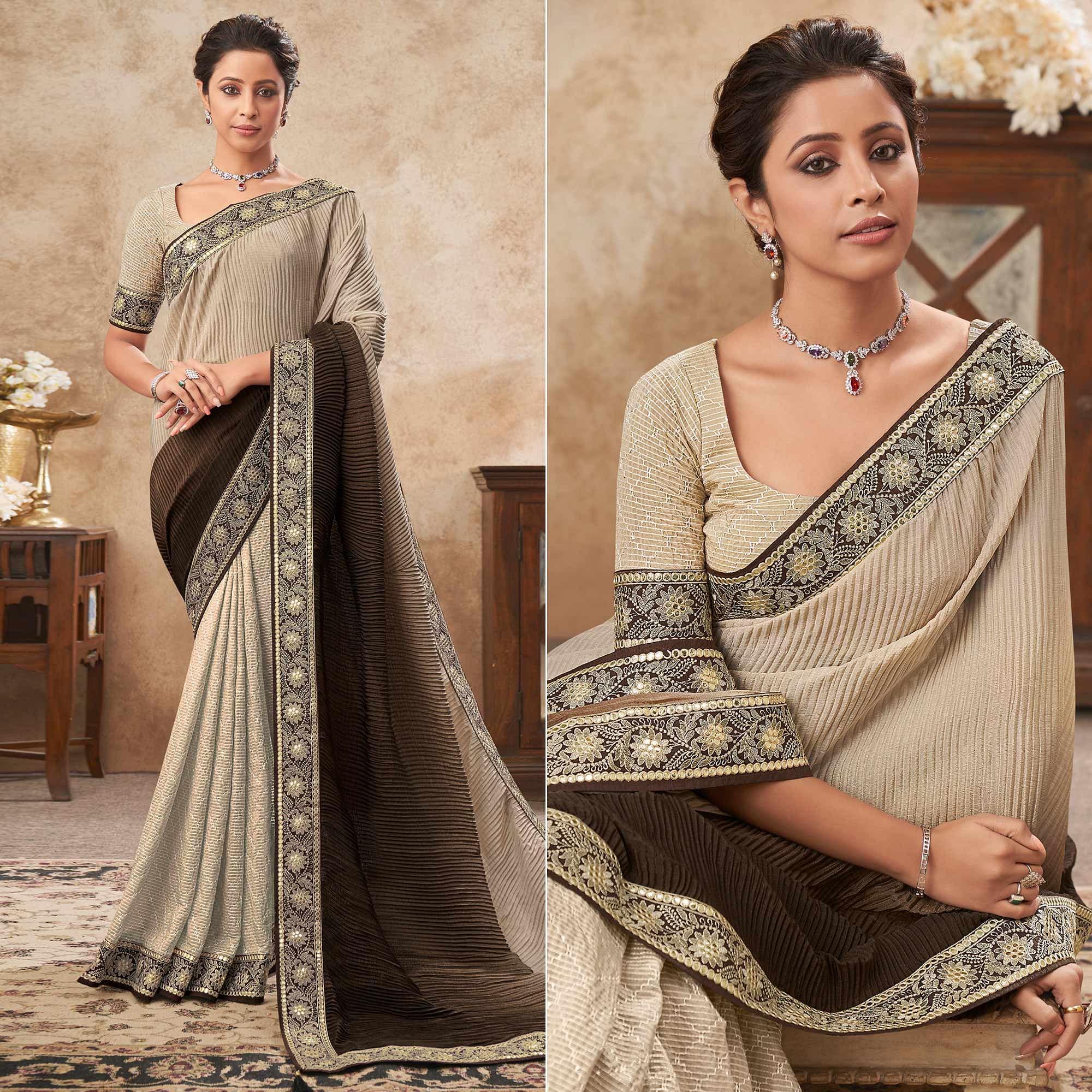 Beige & Dark Brown Sequence Embroidered Chiffon Half & Half Saree - Peachmode