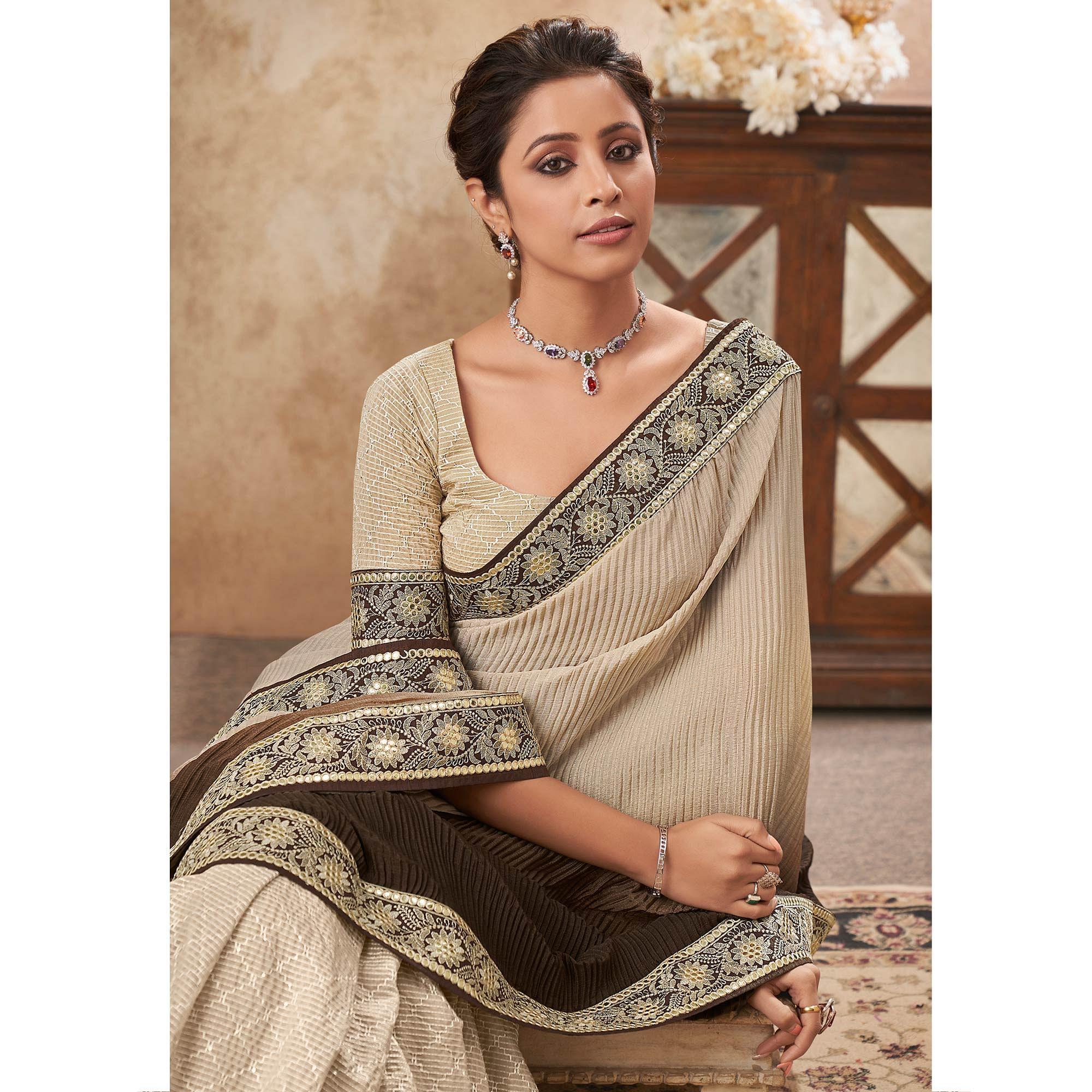 Beige & Dark Brown Sequence Embroidered Chiffon Half & Half Saree - Peachmode
