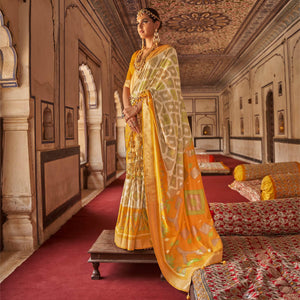 Beige & Mustard Ikkat Printed-Woven Patola Art Silk Saree - Peachmode