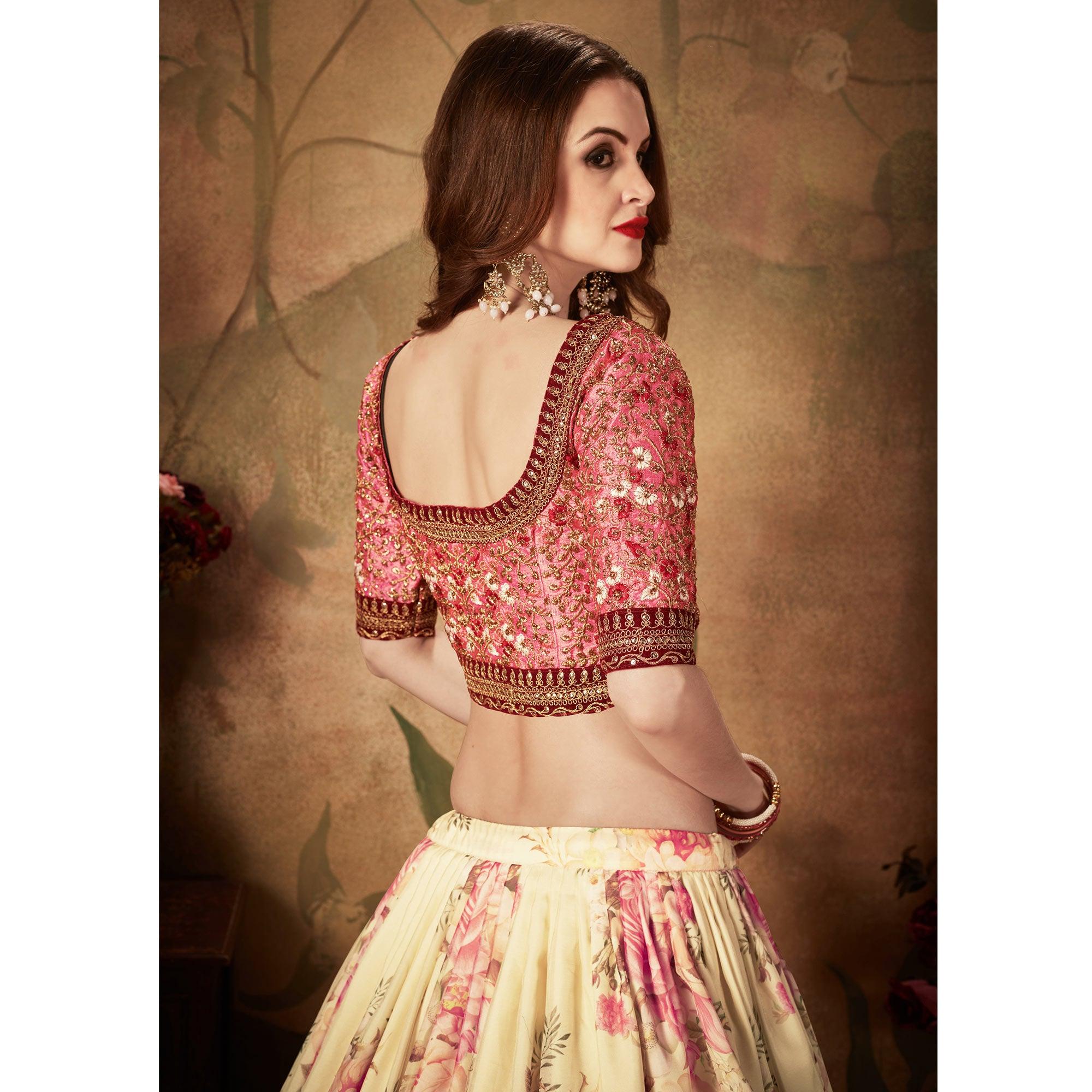 Beige & Peach Partywear Floral Print With Sequins Embroidery Organza Lehenga Choli - Peachmode