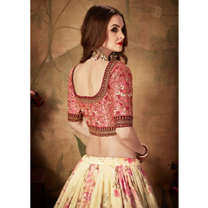 Beige & Peach Partywear Floral Print With Sequins Embroidery Organza Lehenga Choli - Peachmode