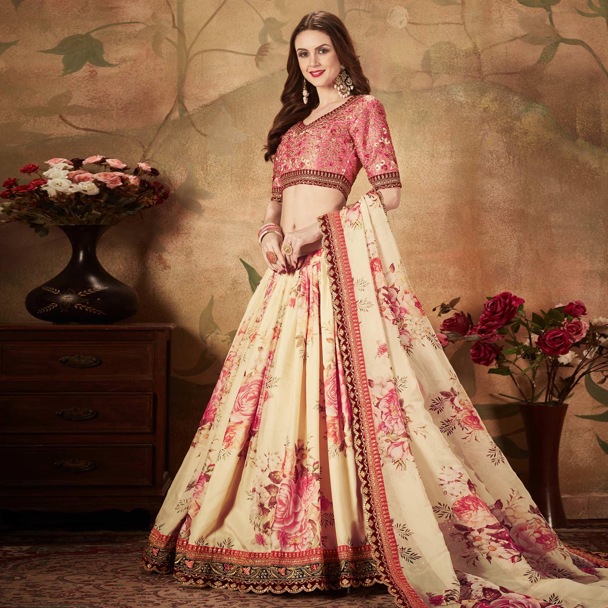 Beige & Peach Partywear Floral Print With Sequins Embroidery Organza Lehenga Choli - Peachmode