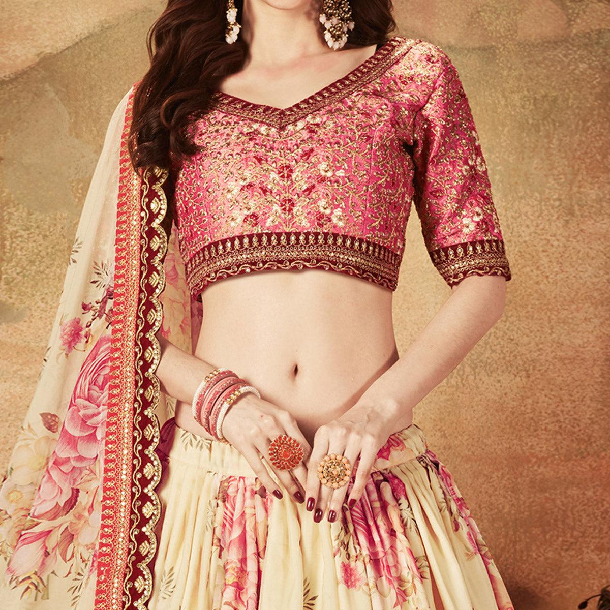 Beige & Peach Partywear Floral Print With Sequins Embroidery Organza Lehenga Choli - Peachmode