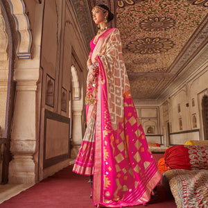 Beige & Pink Ikkat Printed-Woven Patola Art Silk Saree - Peachmode