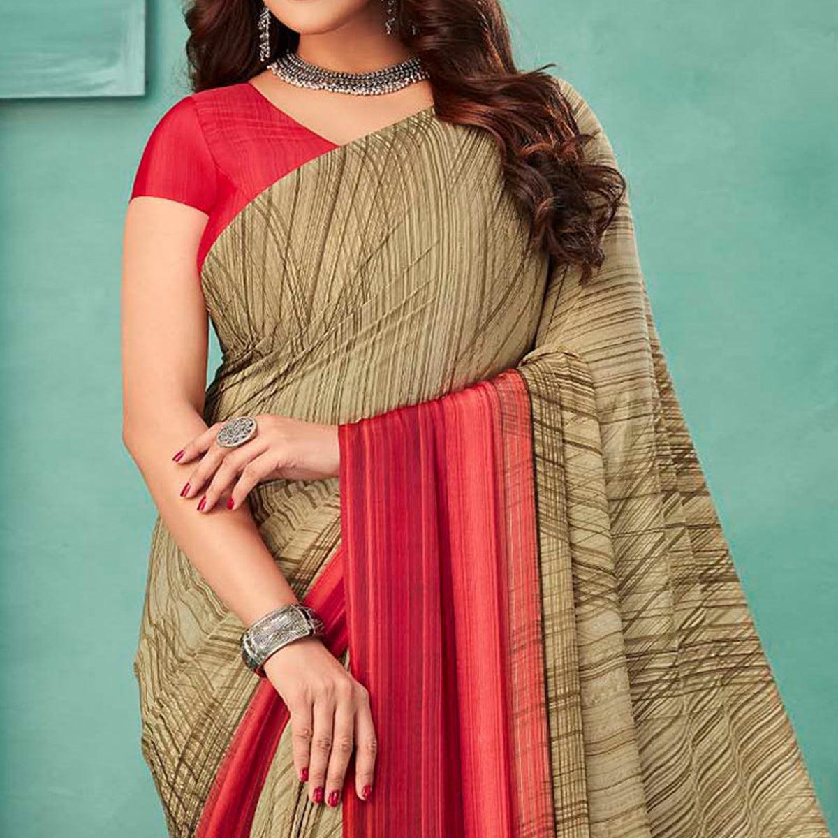 Beige & Pink Printed Crepe Saree - Peachmode