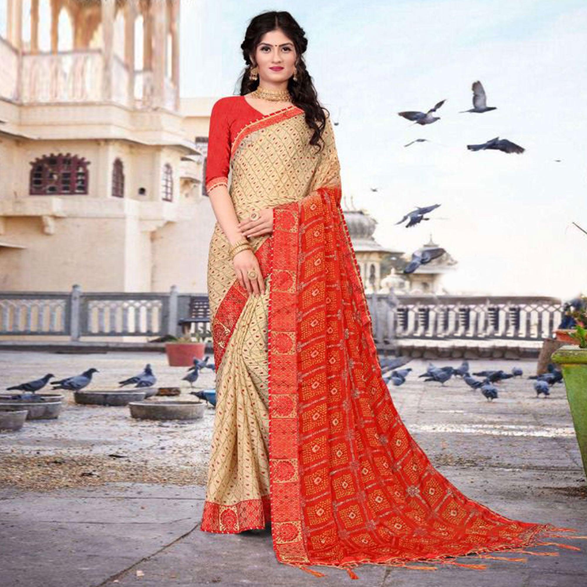 Beige & Red Festive Wear Bandhani Printed Chiffon Saree With Diamond Border - Peachmode