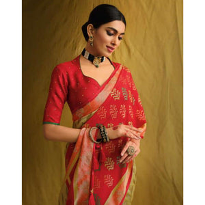 Beige & Red Partywear Weaving Resham Work Brasso Saree - Peachmode