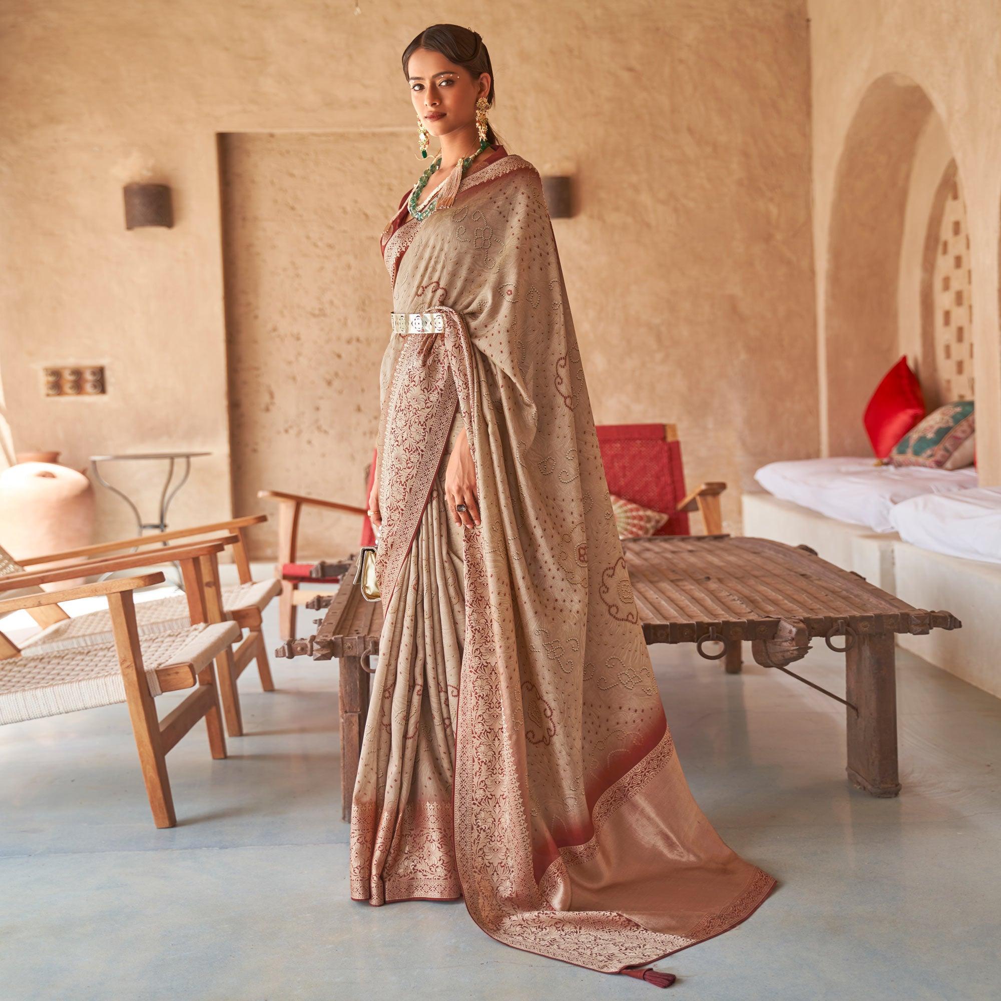 Beige Bandhani Printed With Woven Border Art Silk Saree - Peachmode