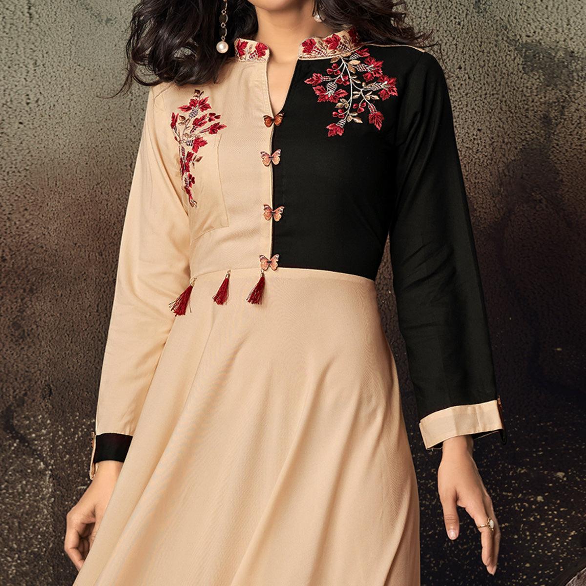 Beige-Black Floral Embroidered Rayon Kurti - Peachmode