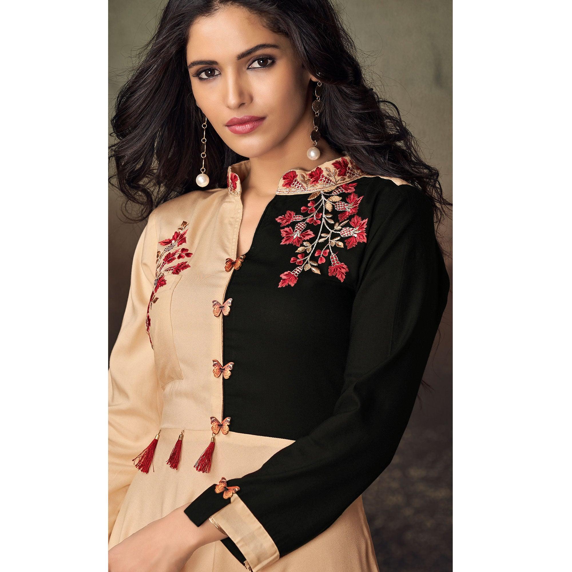 Beige-Black Floral Embroidered Rayon Kurti - Peachmode