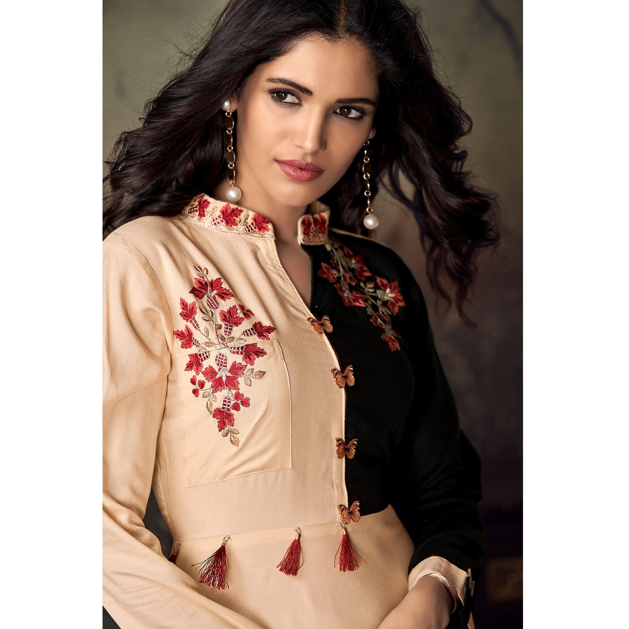 Beige-Black Floral Embroidered Rayon Kurti - Peachmode