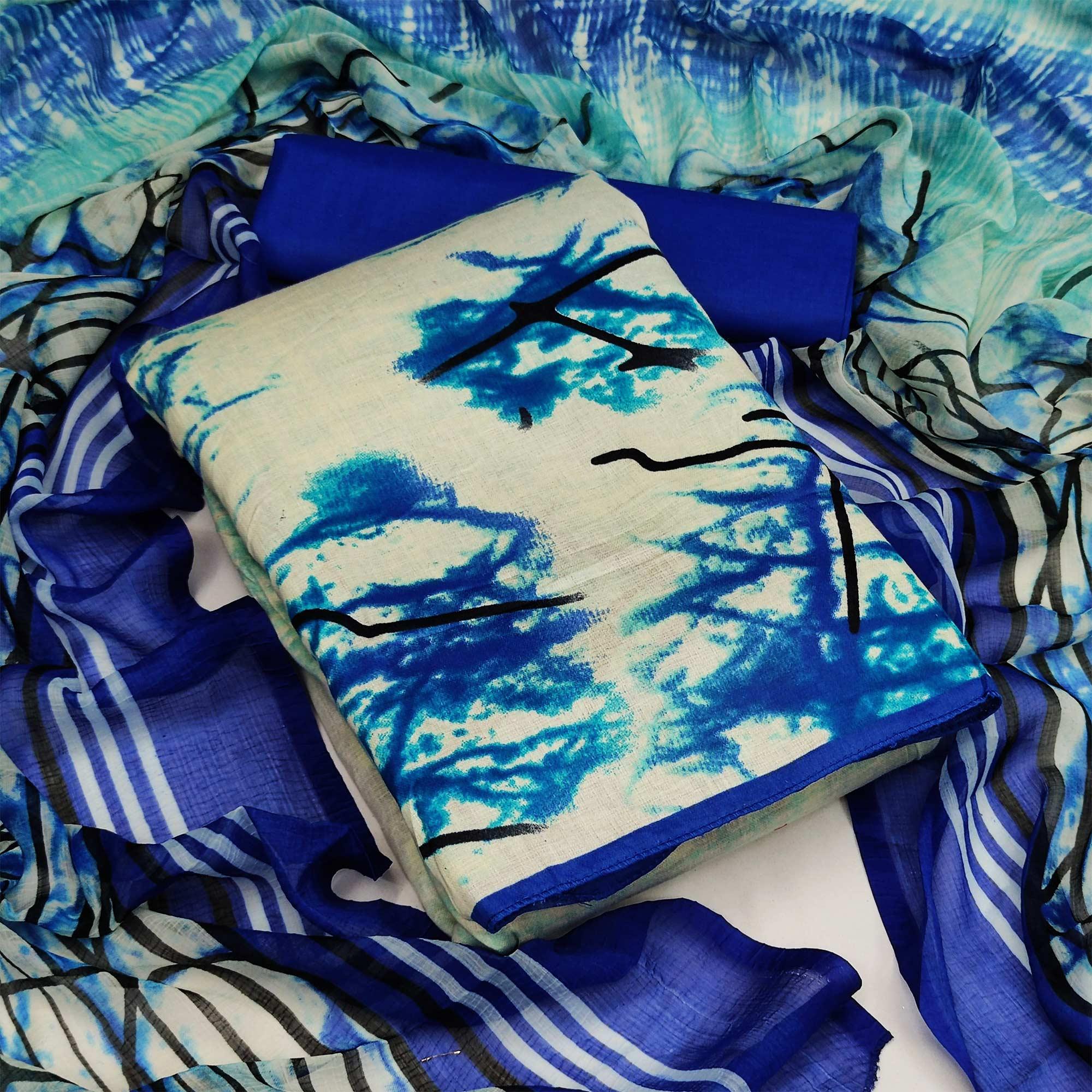 Beige-Blue Casual Wear Printed Cotton Dress Material - Peachmode