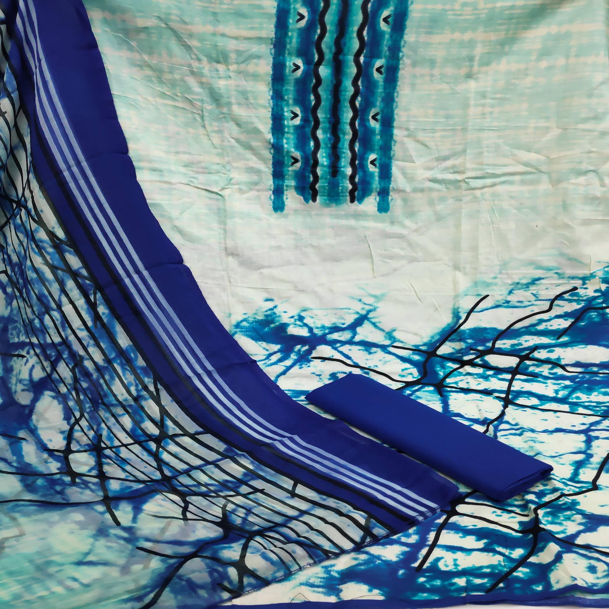 Beige-Blue Casual Wear Printed Cotton Dress Material - Peachmode