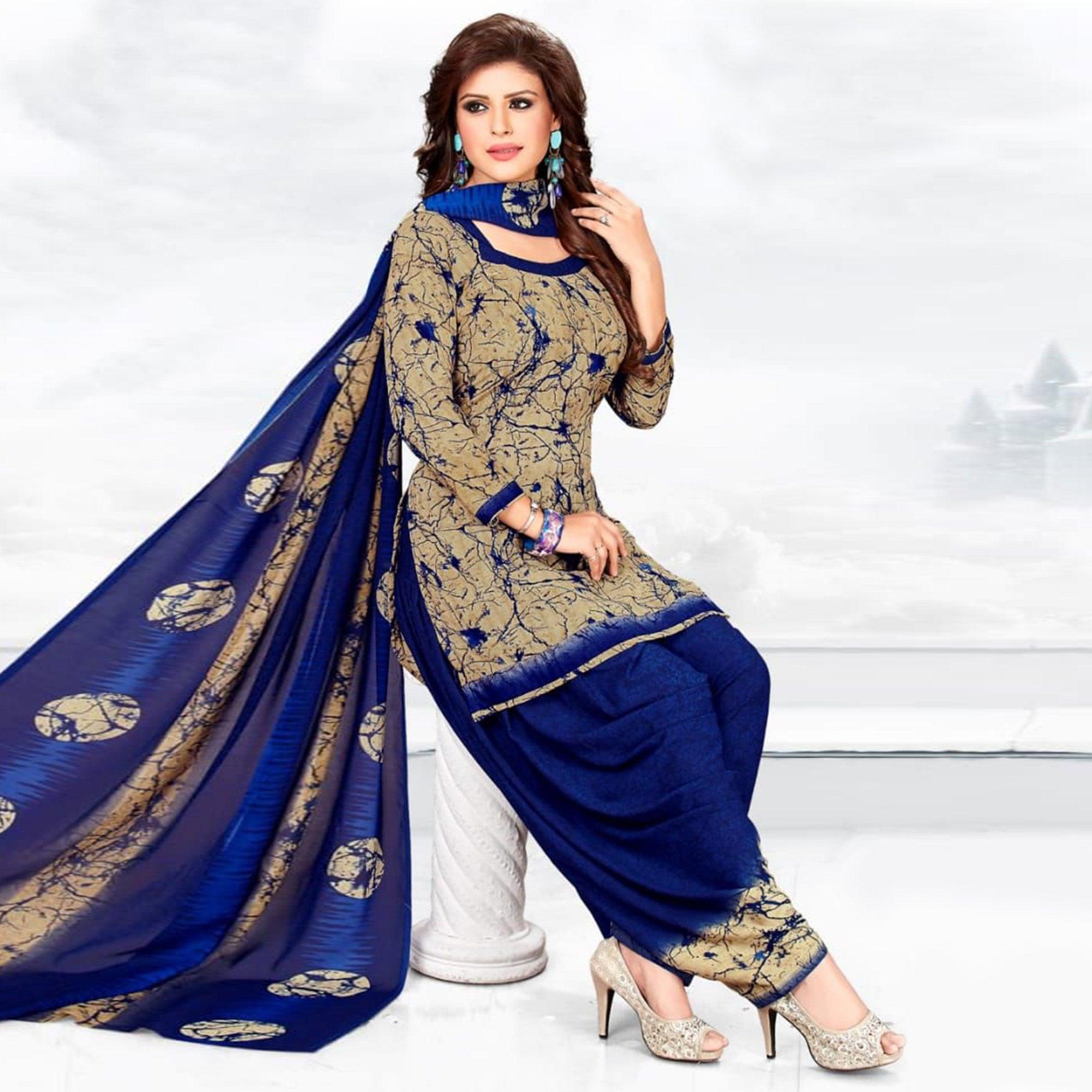 Beige-Blue Casual Wear Printed Crepe Patiala Dress Material - Peachmode