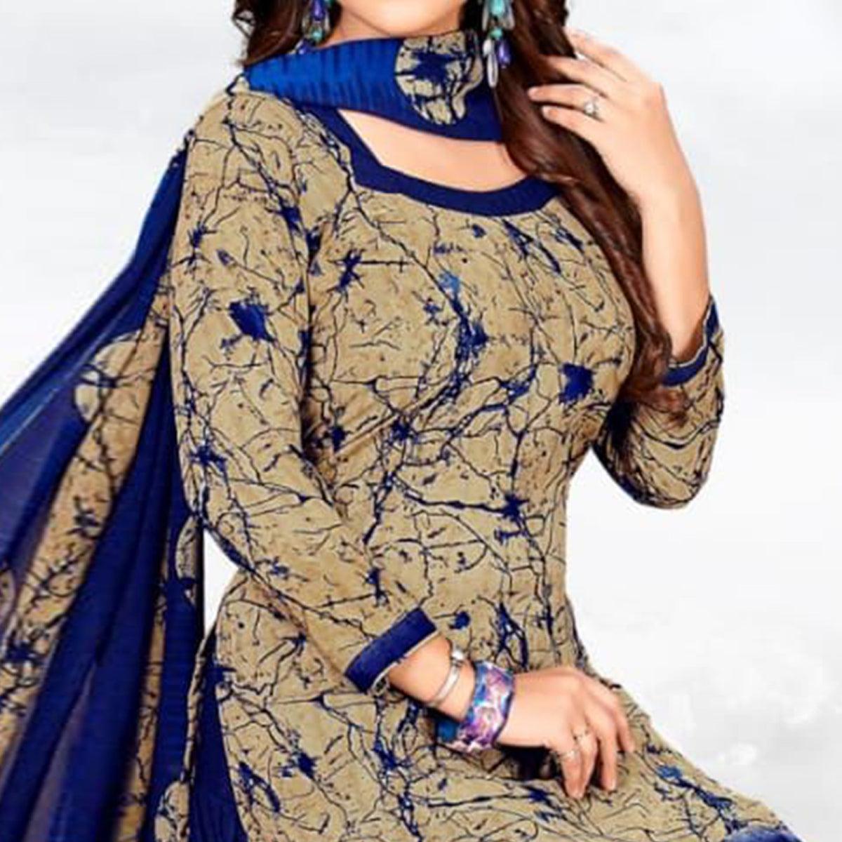 Beige-Blue Casual Wear Printed Crepe Patiala Dress Material - Peachmode