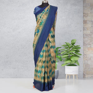 Beige-Blue Festive Wear Digital Printed Cotton Saree - Peachmode