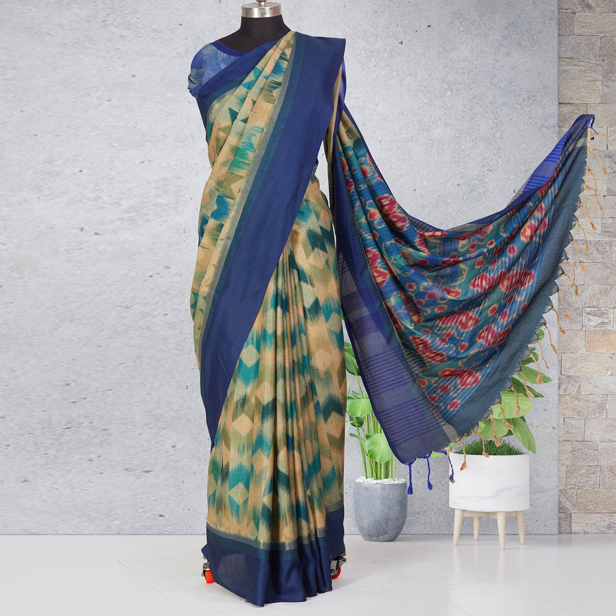 Beige-Blue Festive Wear Digital Printed Cotton Saree - Peachmode