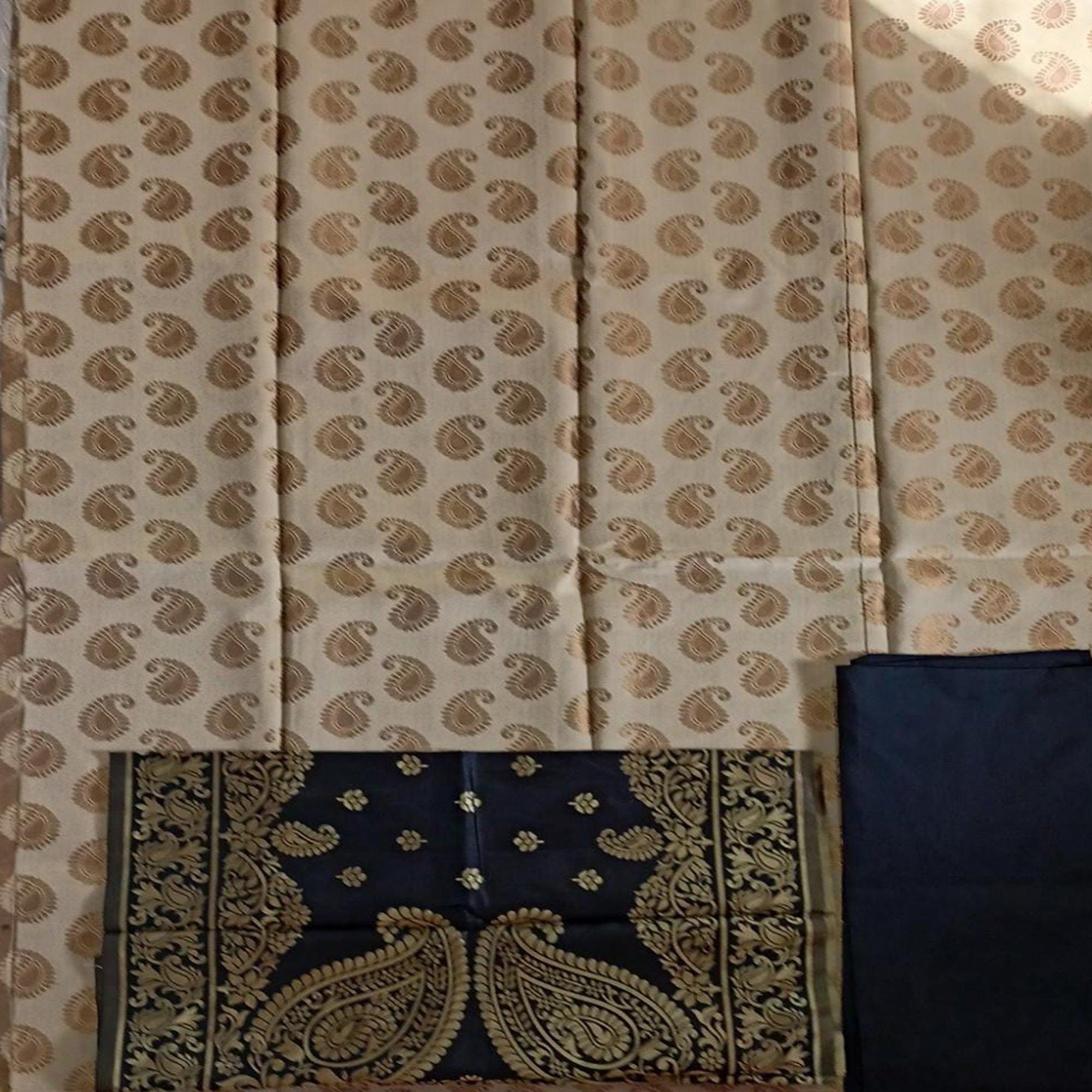 Beige Casaul Wear Woven Banarasi Silk Dress Material - Peachmode