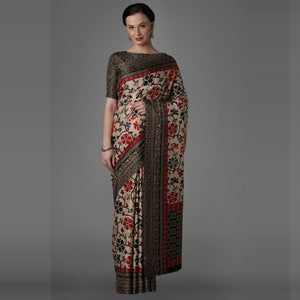 Beige Casual Art Silk Printed Saree With Unstitched Blouse - Peachmode