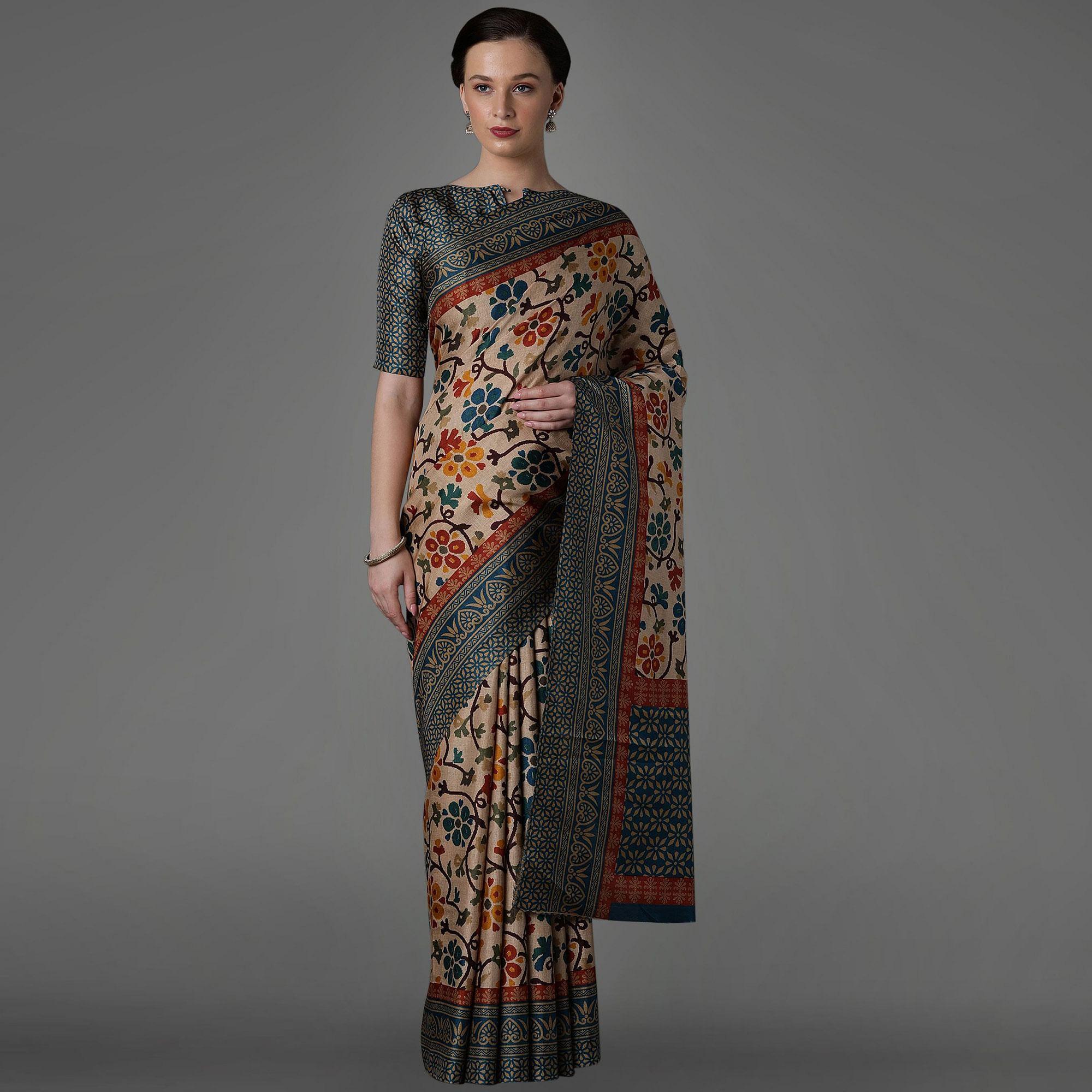 Beige Casual Art Silk Printed Saree With Unstitched Blouse - Peachmode