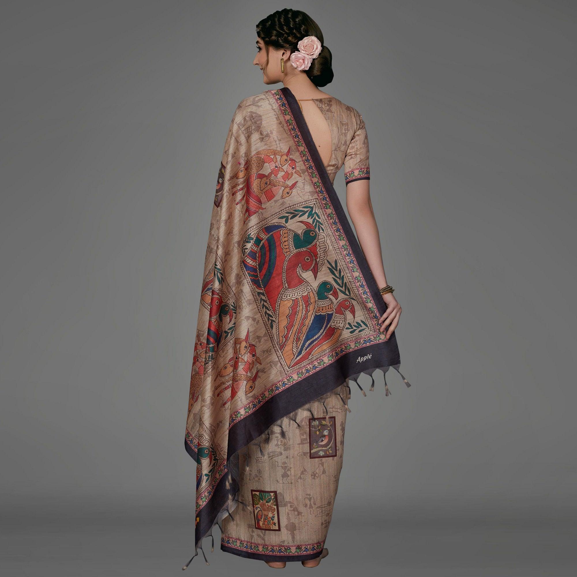 Beige Casual Art Silk Printed Saree With Unstitched Blouse - Peachmode