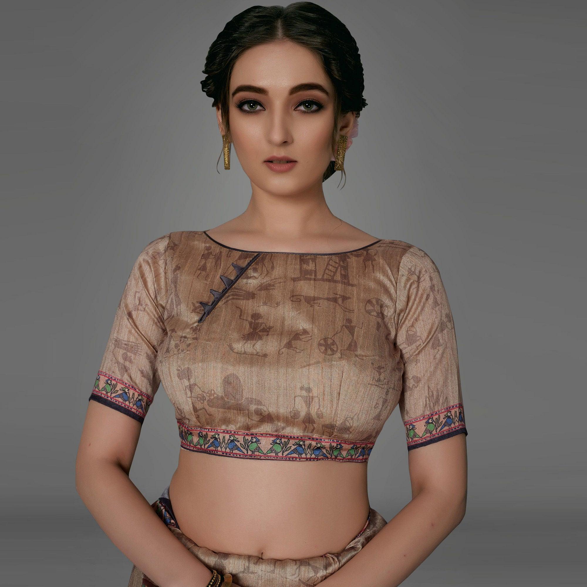 Beige Casual Art Silk Printed Saree With Unstitched Blouse - Peachmode