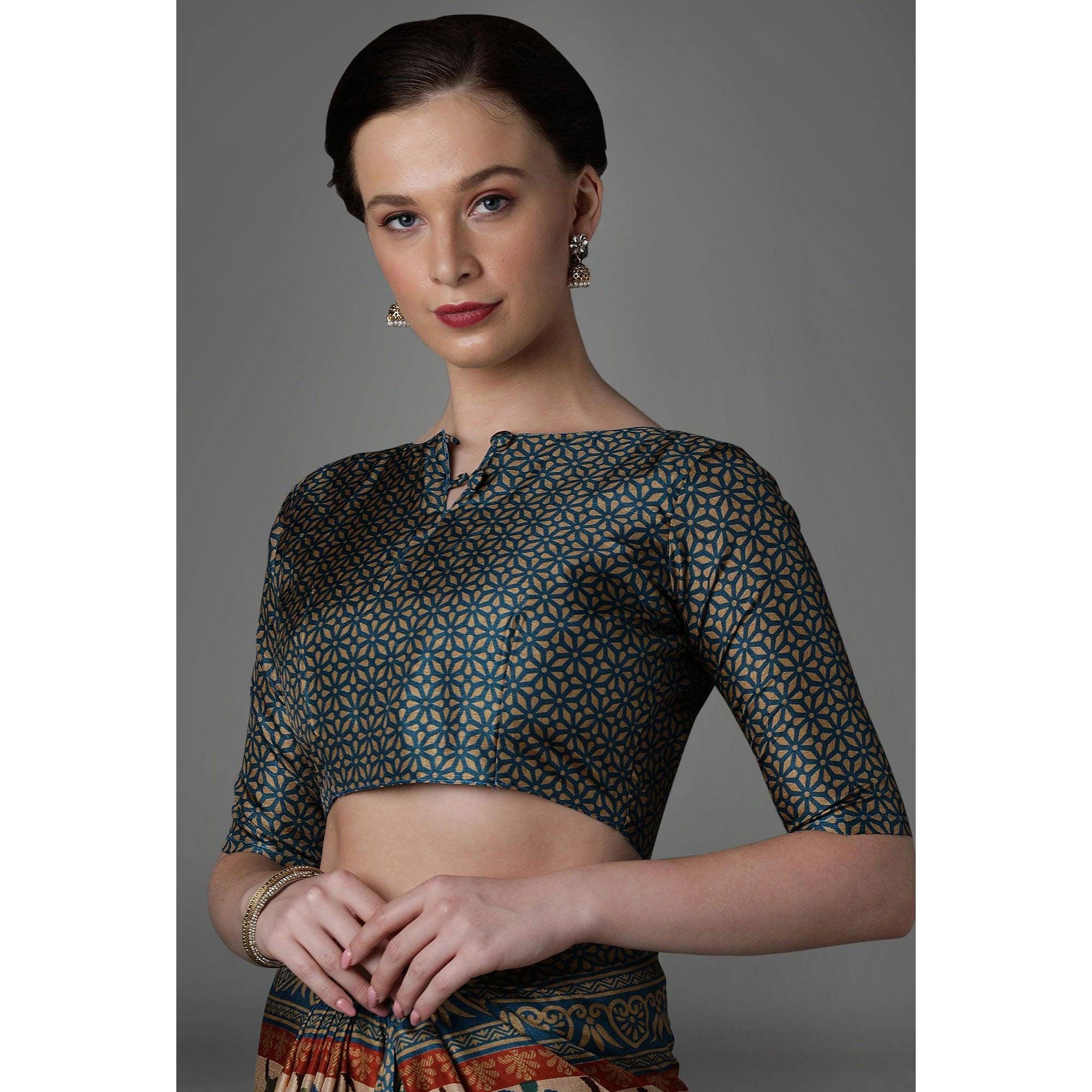 Beige Casual Art Silk Printed Saree With Unstitched Blouse - Peachmode