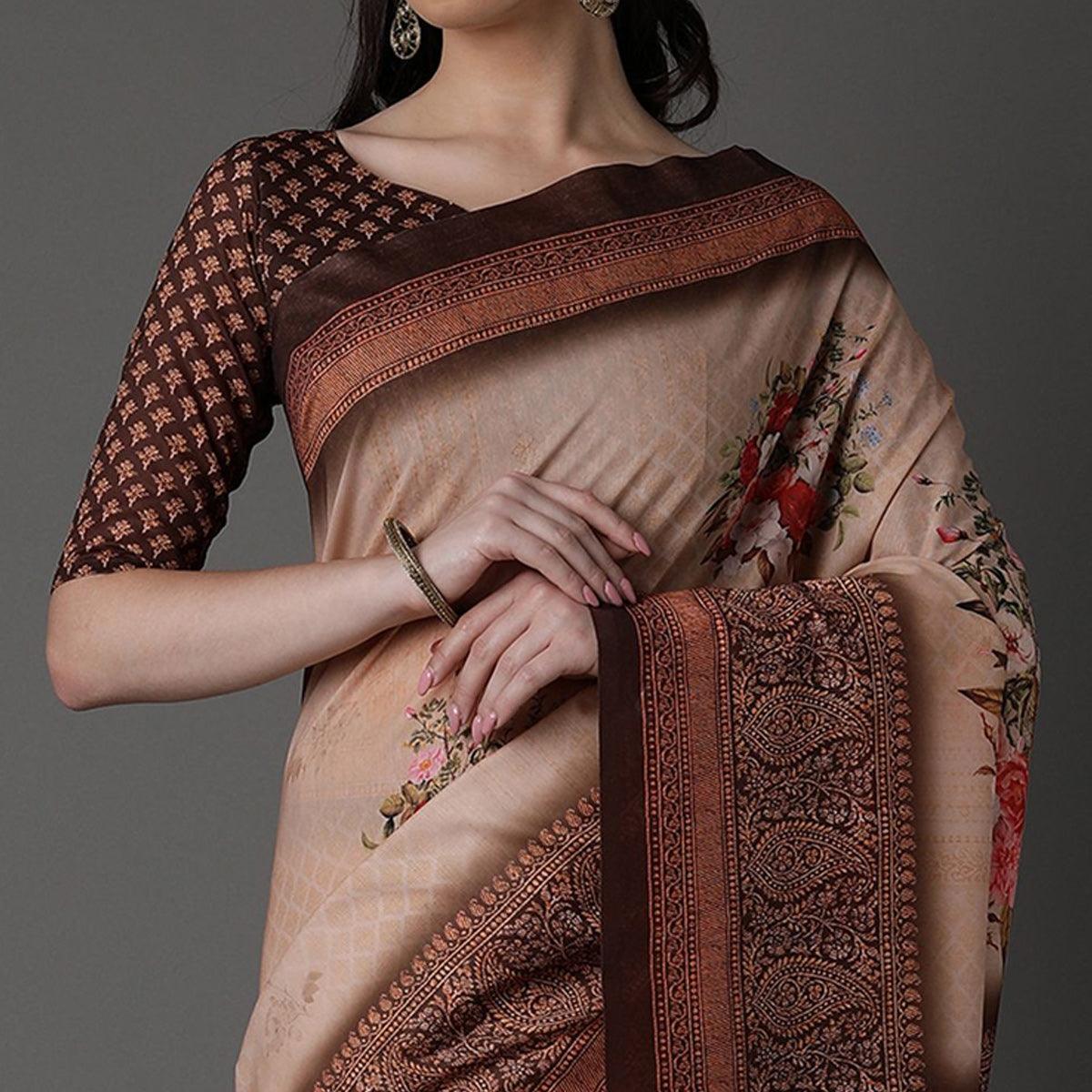 Beige Casual Cotton Silk Printed Saree With Unstitched Blouse - Peachmode