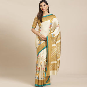 Beige Casual Silk Blend Printed Saree With Unstitched Blouse - Peachmode