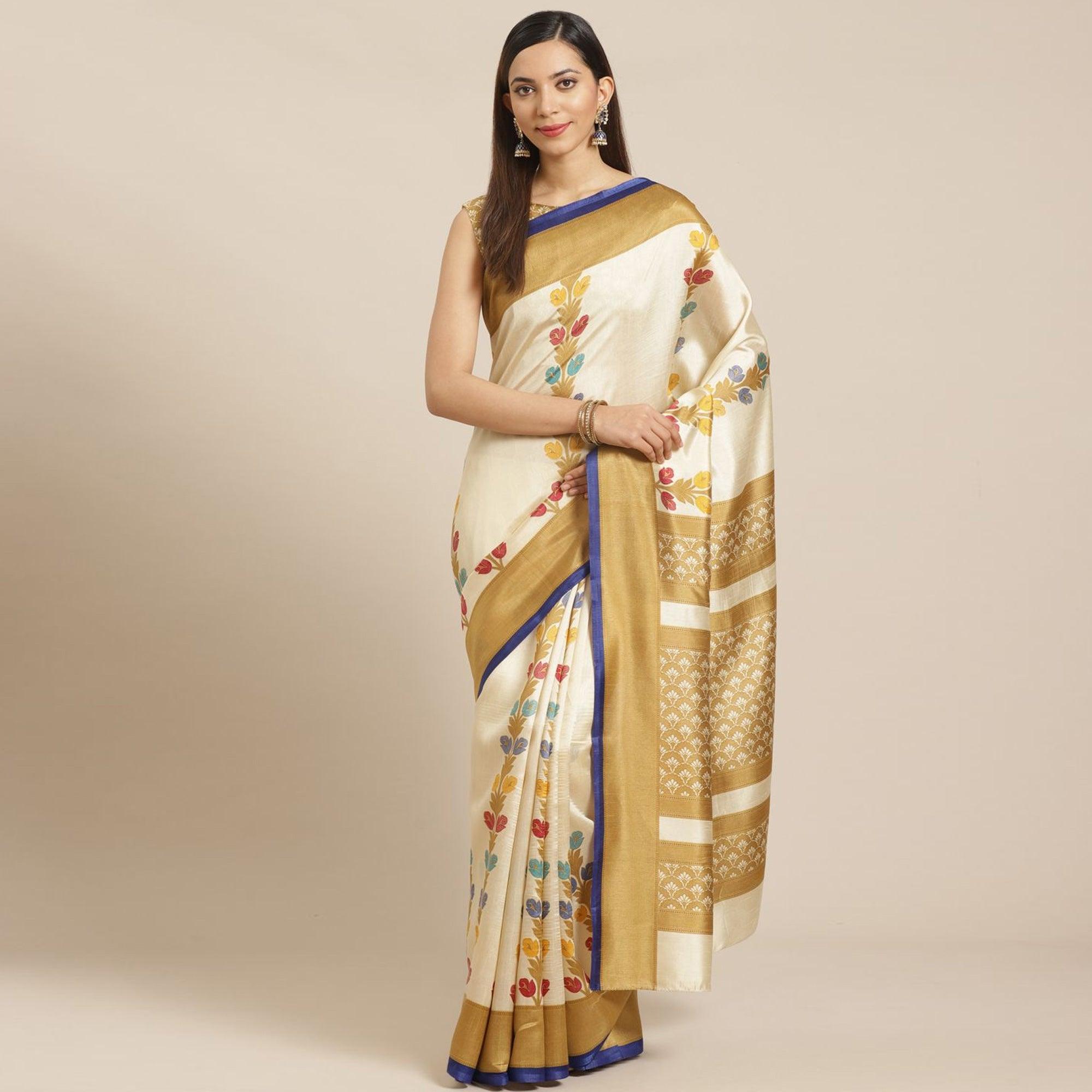 Beige Casual Silk Blend Printed Saree With Unstitched Blouse - Peachmode