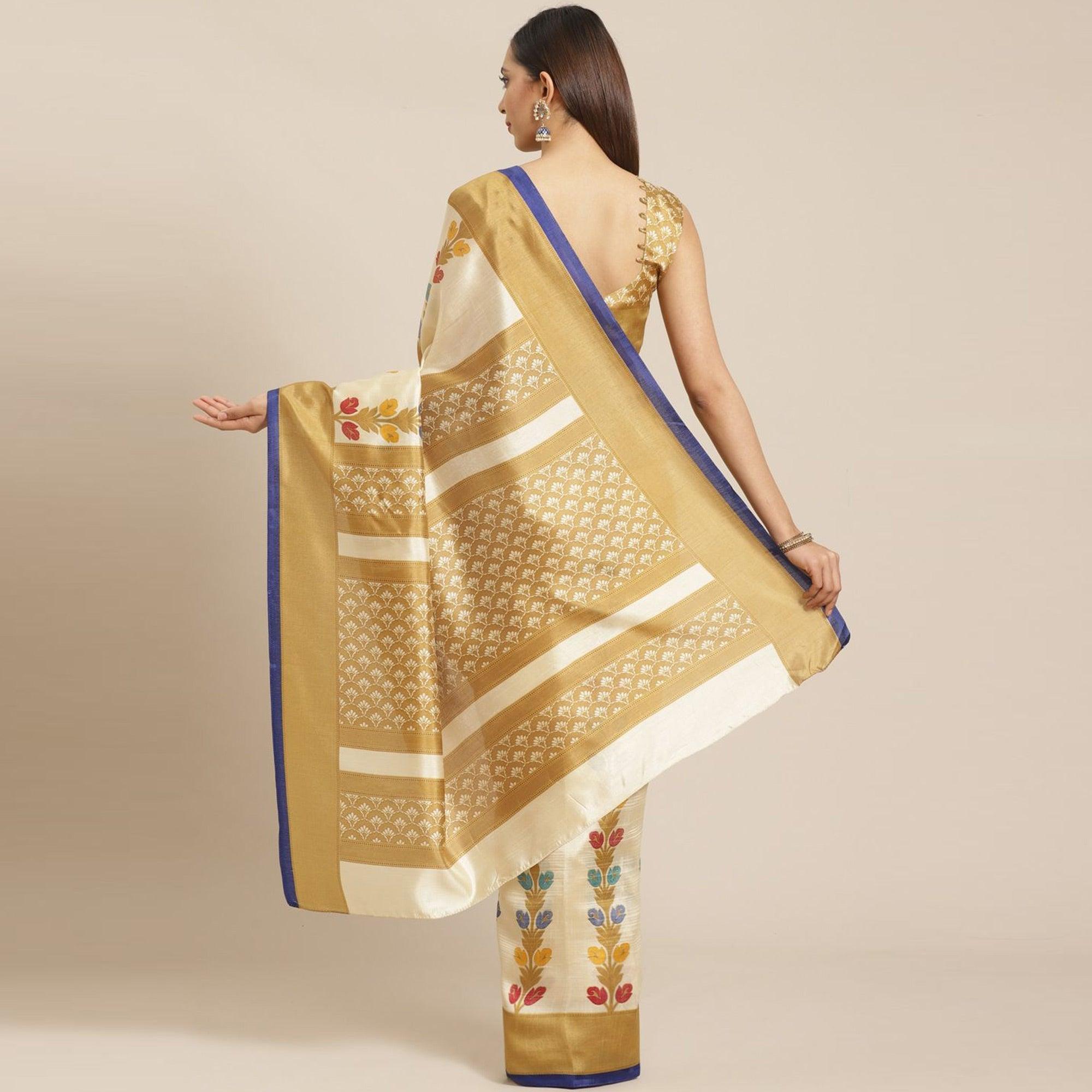 Beige Casual Silk Blend Printed Saree With Unstitched Blouse - Peachmode