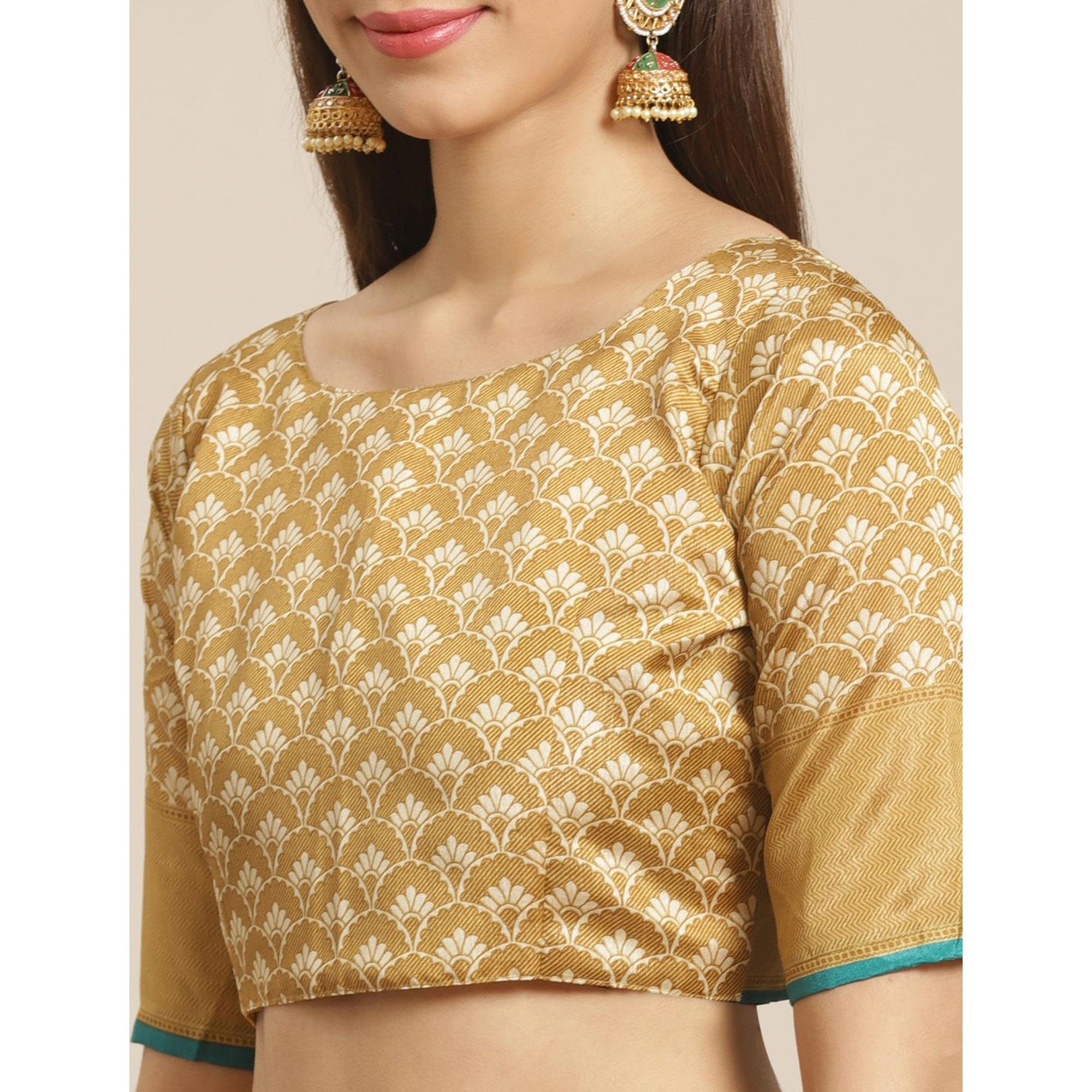 Beige Casual Silk Blend Printed Saree With Unstitched Blouse - Peachmode