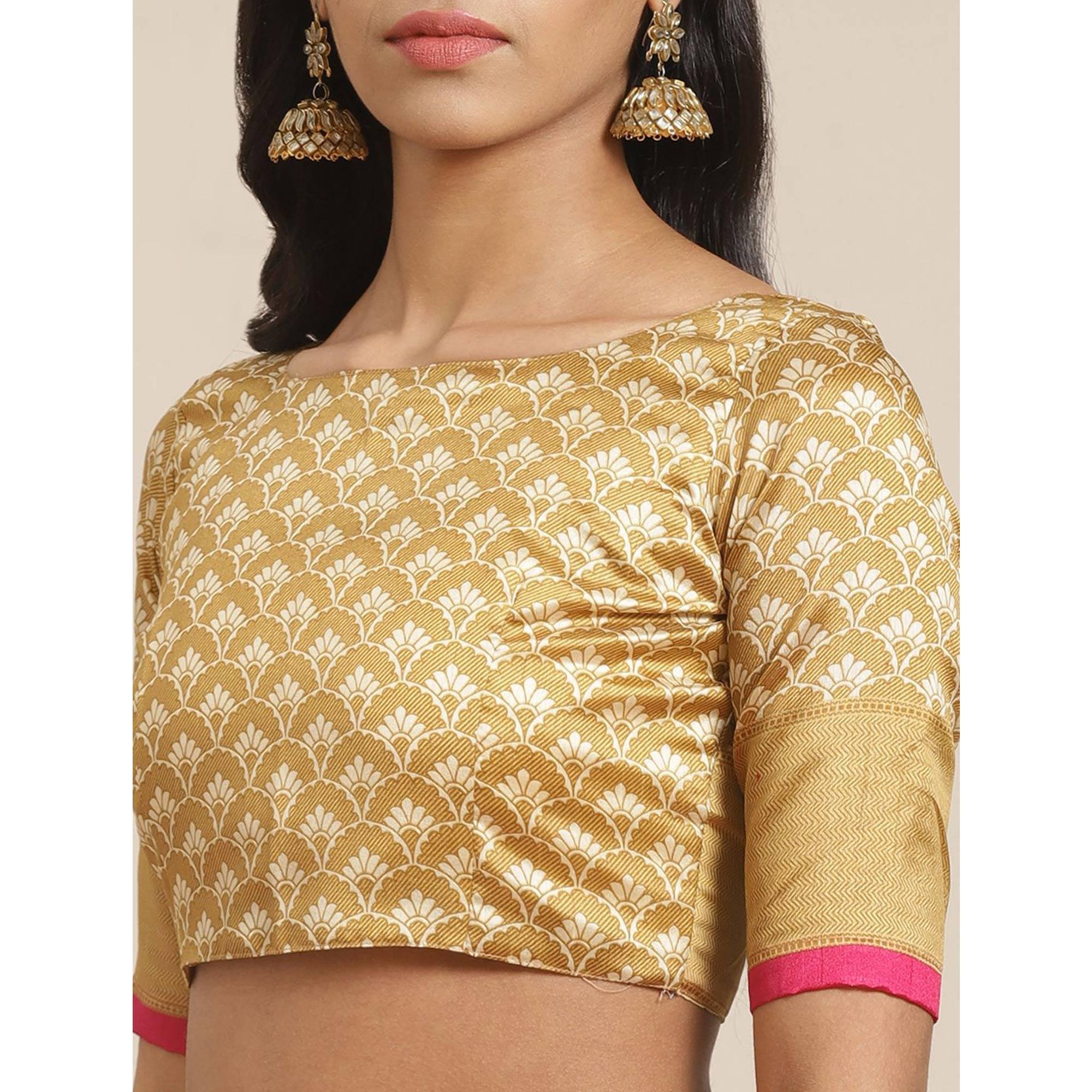 Beige Casual Silk Blend Printed Saree With Unstitched Blouse - Peachmode