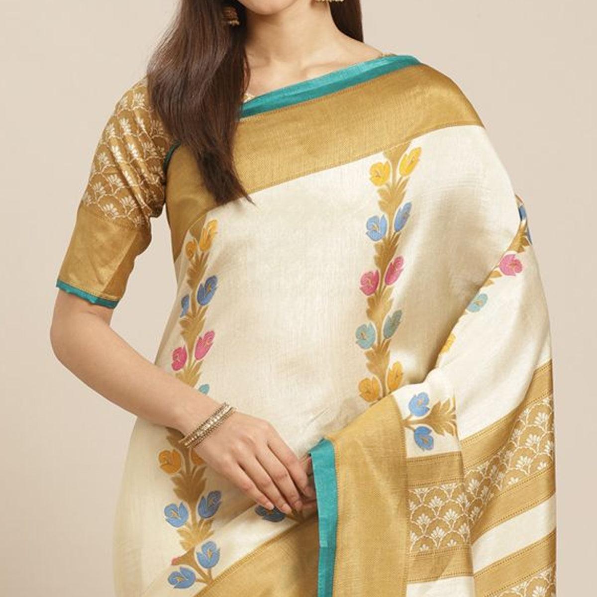Beige Casual Silk Blend Printed Saree With Unstitched Blouse - Peachmode