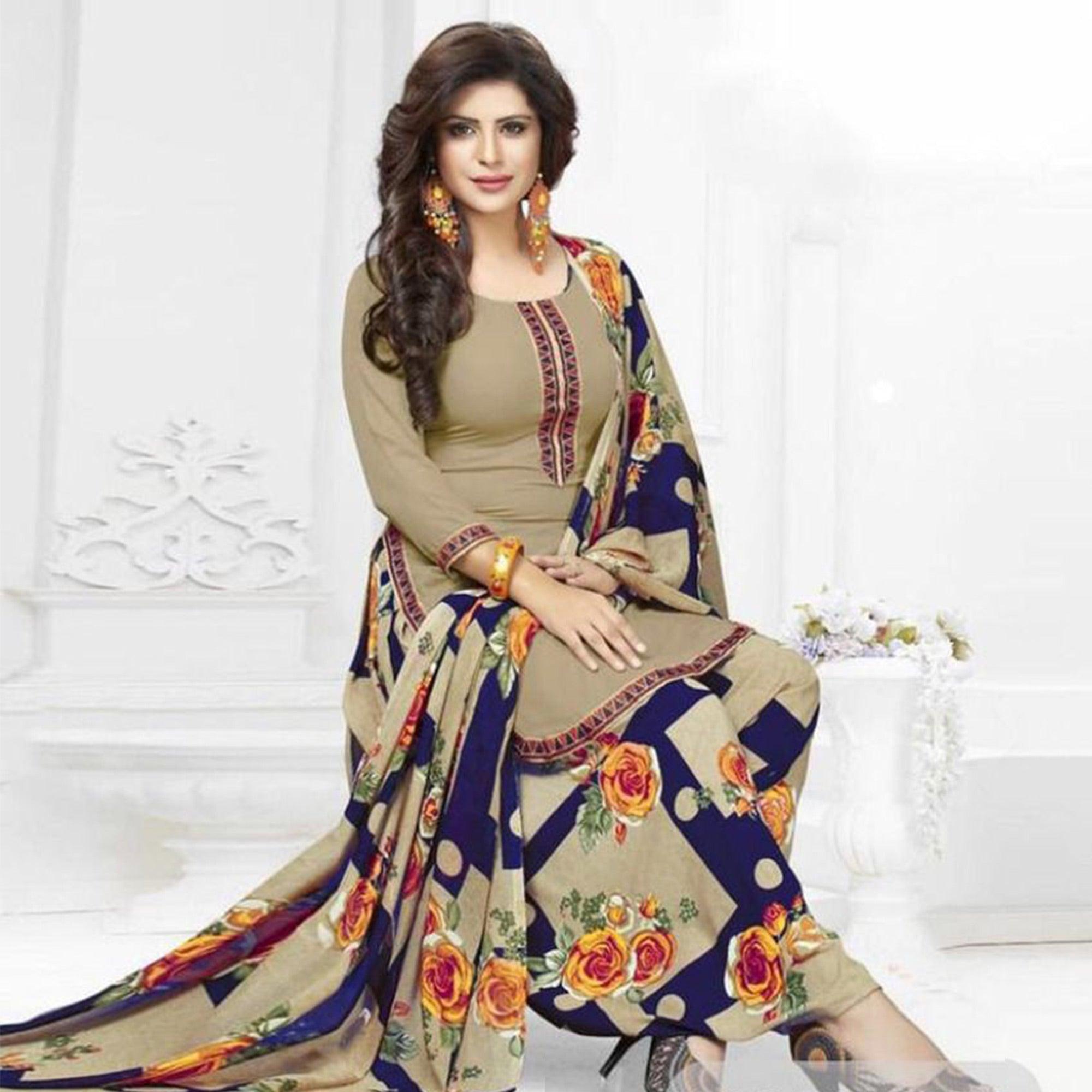 Beige Casual Wear Crepe Patiala Dress Material - Peachmode