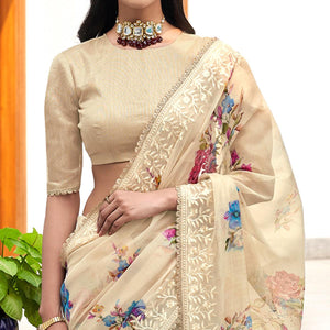 Beige Casual Wear Digital Printed Organza Saree - Peachmode