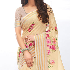 Beige Casual Wear Digital Printed Pure Linen Saree - Peachmode