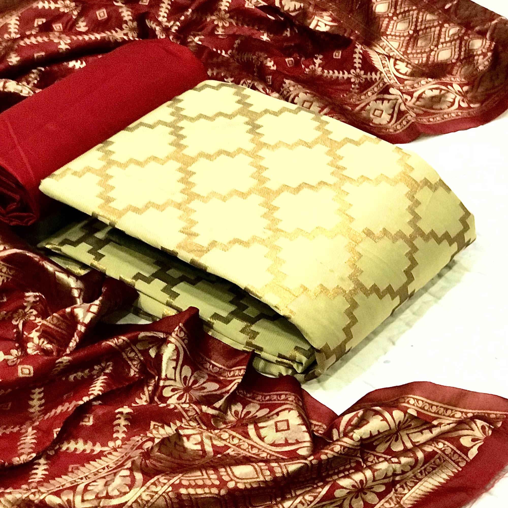 Beige Casual Wear Embroidered Banarasi Silk Dress Material - Peachmode