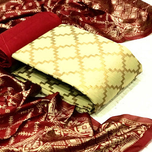 Beige Casual Wear Embroidered Banarasi Silk Dress Material - Peachmode