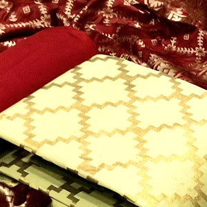 Beige Casual Wear Embroidered Banarasi Silk Dress Material - Peachmode