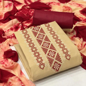 Beige Casual Wear Embroidered Cotton Dress Material - Peachmode