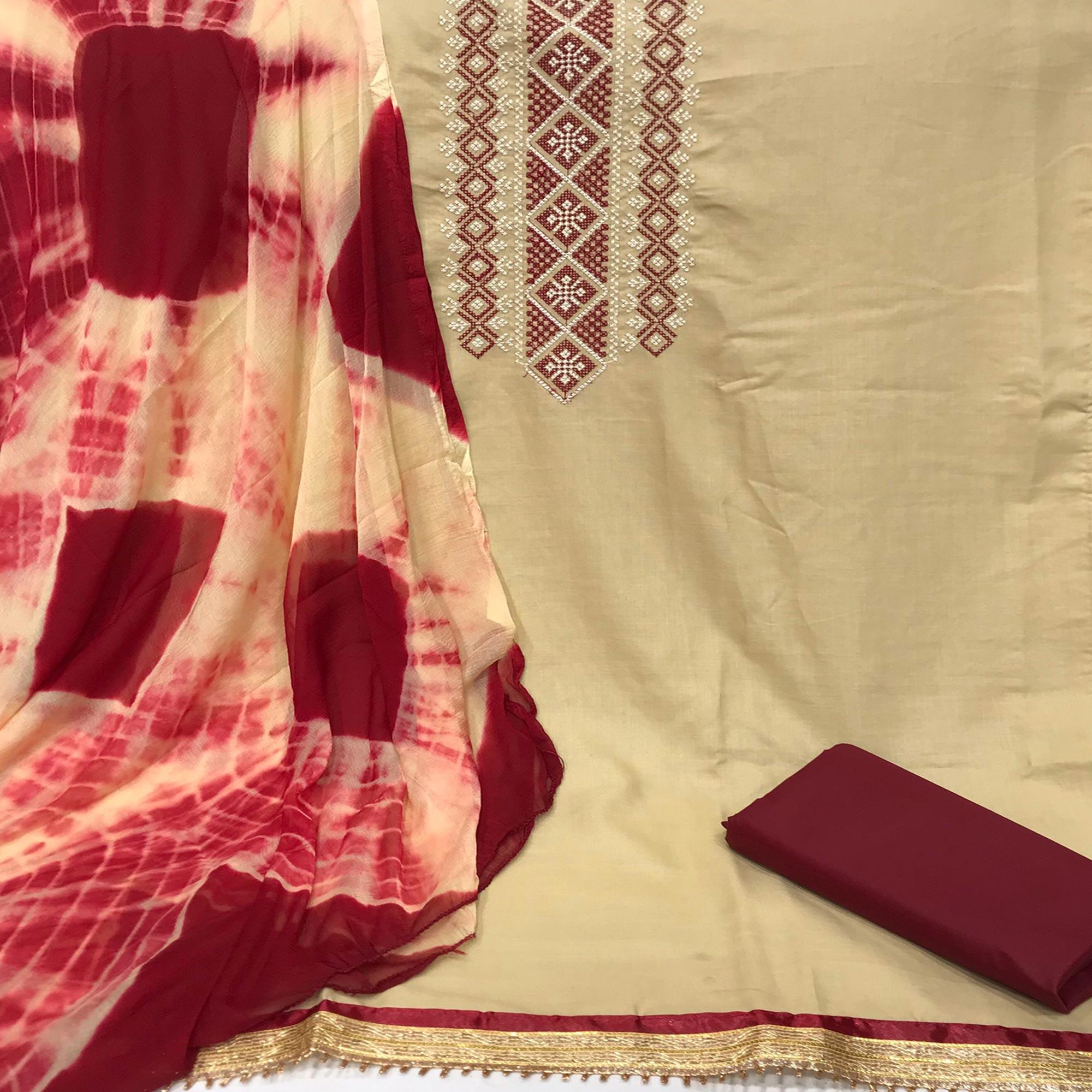 Beige Casual Wear Embroidered Cotton Dress Material - Peachmode