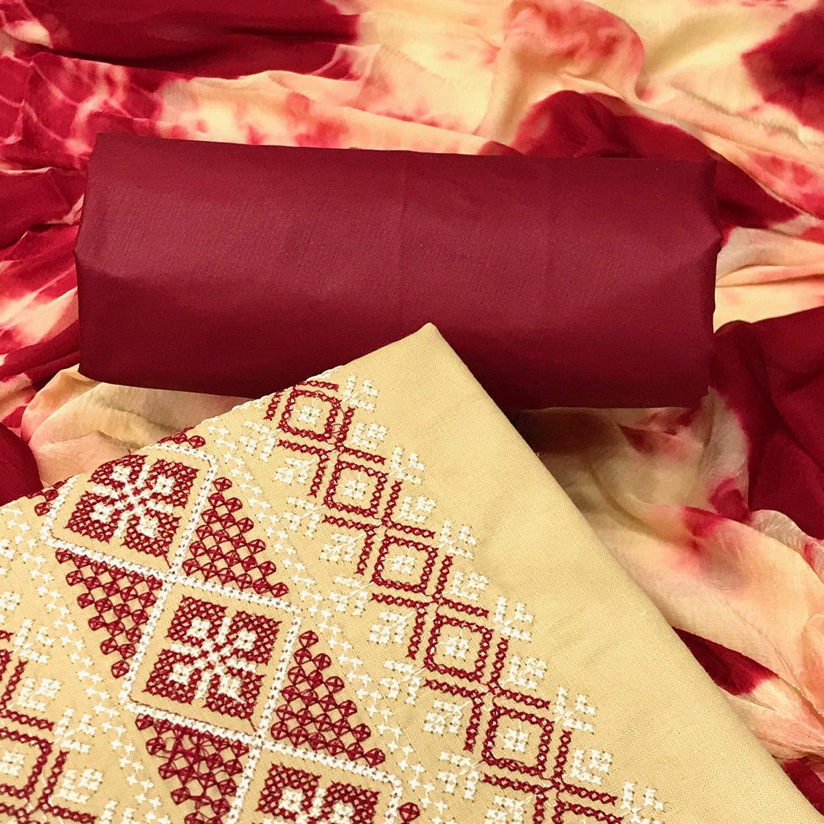 Beige Casual Wear Embroidered Cotton Dress Material - Peachmode