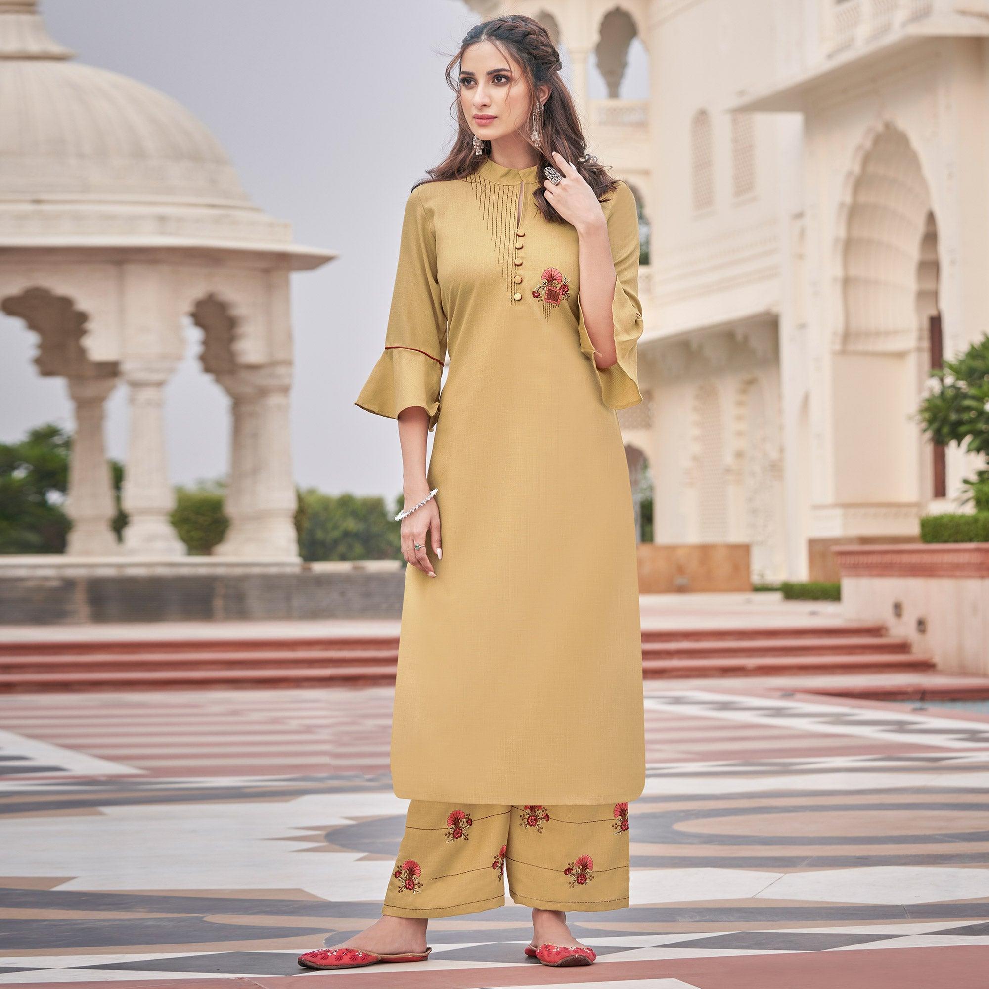 Beige Casual Wear Embroidered Cotton Palazzo Suit - Peachmode