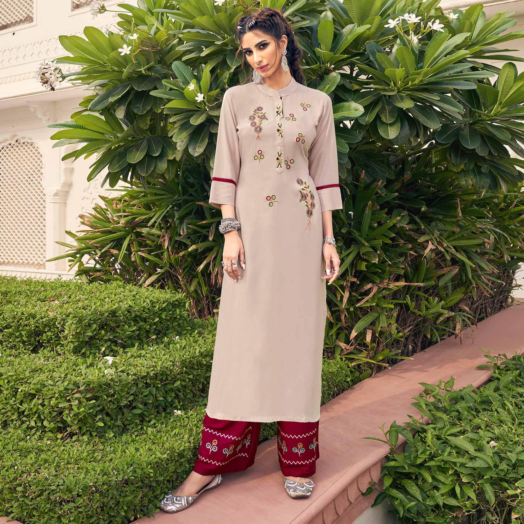 Beige Casual Wear Embroidered Heavy Rayon Kurti - Palazzo Set - Peachmode